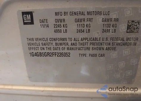 2015 Buick Lacrosse Leather из США, поврежденный, VIN 1G4GB5GR2FF226052